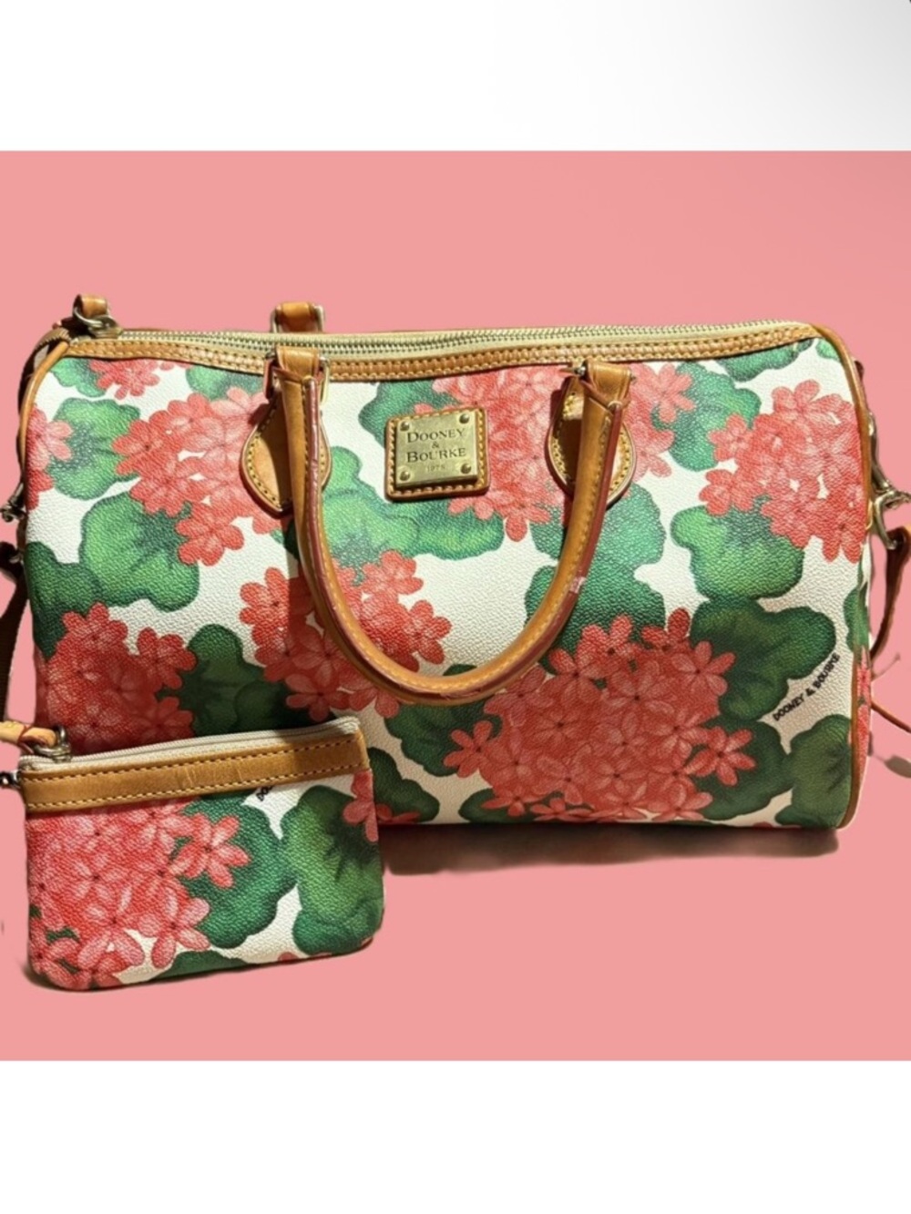 Dooney & Bourke Coral and Green Floral Satchel with pouch